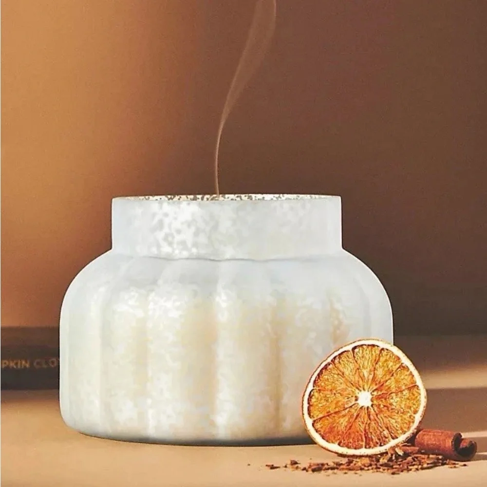 New Anthropologie Capri Blue Pumpkin Clove White Glass Jar Candle Wood Lid 19oz - Picture 2 of 4